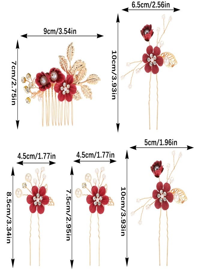 Josojoou 5 Pcs Bridal Flower Wedding Hair Pins Crystal Pearl Rhinestone Burgundy Flower Hair Clips Headpiece Wedding Hair Accessories Jewelry for Brides Bridesmaids Women Girls - Image 2